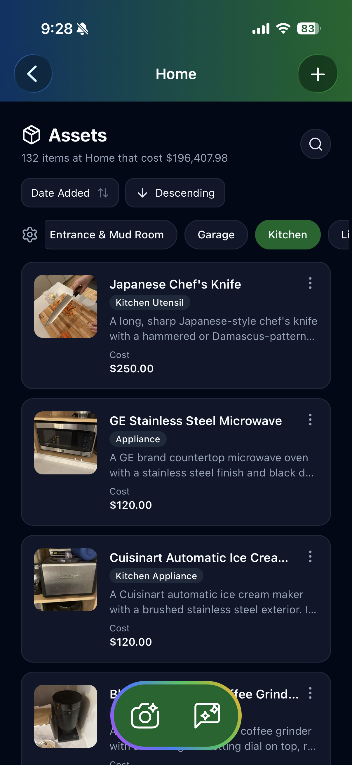Simple Assets app showing home inventory